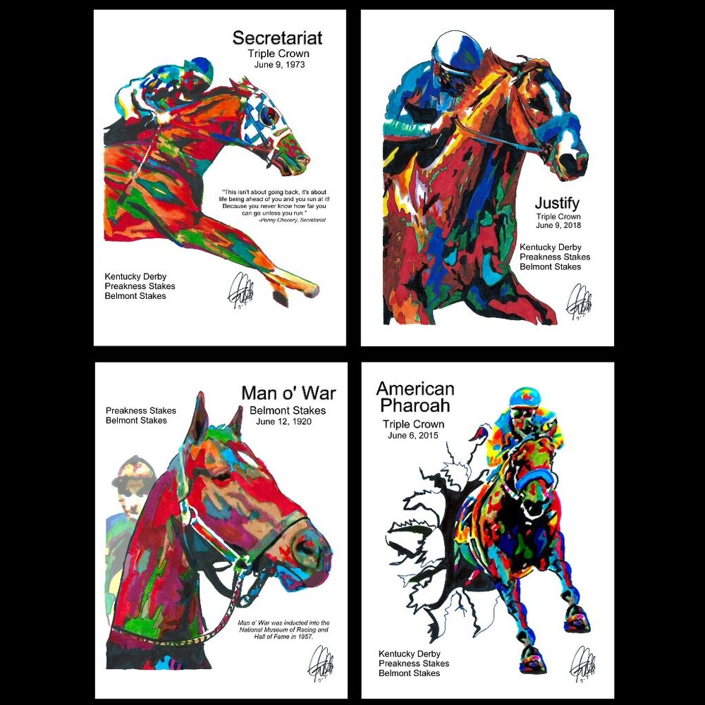 4 Horse Racing Prints Secretariat Justify Man o War American Pharoah 18x24
